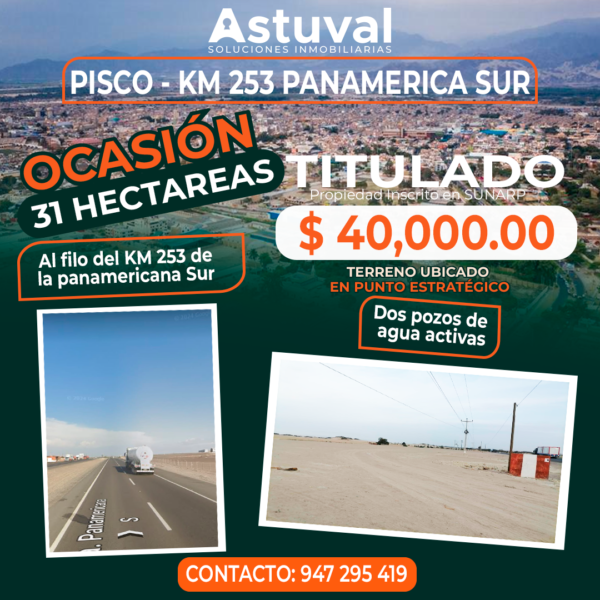 TERRENO DE 31 HECTAREAS - KM 253 PANAMERICANA SUR , PISCO